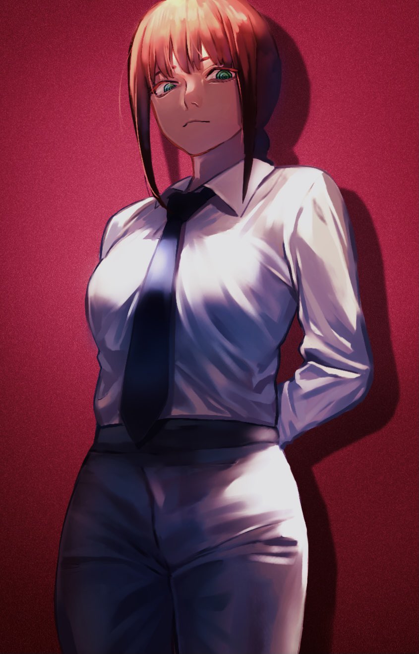 1girl, arms_behind_back, bangs, black_necktie, black_pants, blue_eyes, braid, braided_ponytail