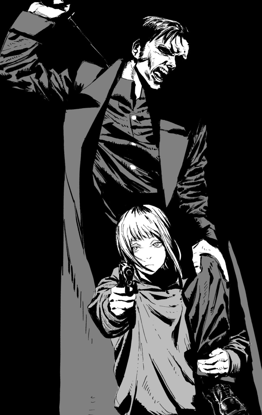 1boy, 1girl, akane_sawatari_(chainsaw_man), black_background, black_coat, black_jacket, carrying, chainsaw_man
