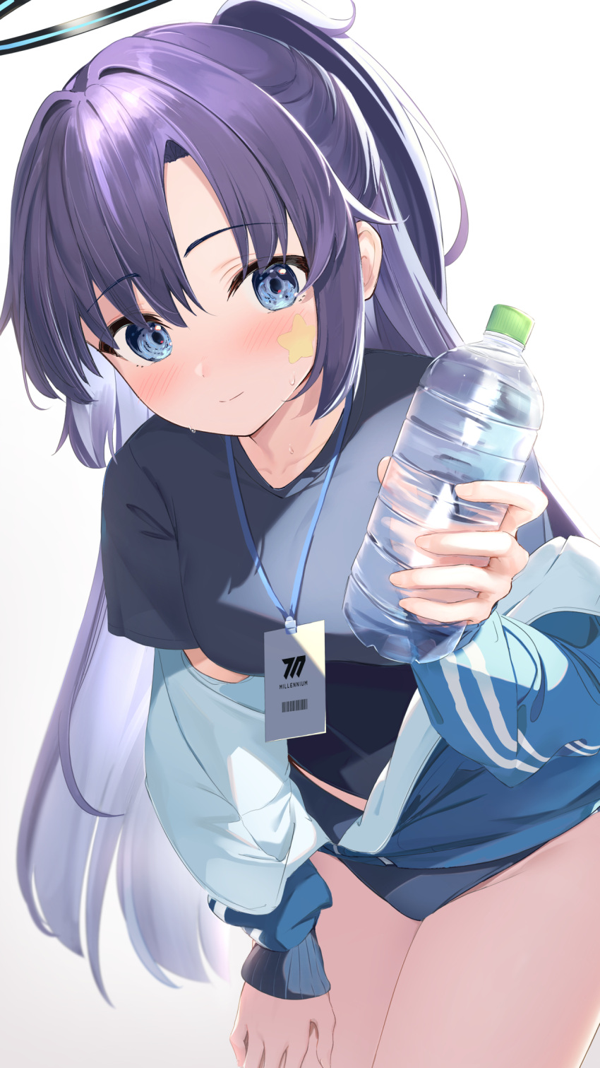 1girl, black_shirt, blue_archive, blue_buruma, bottle, buruma, gym_uniform, halo