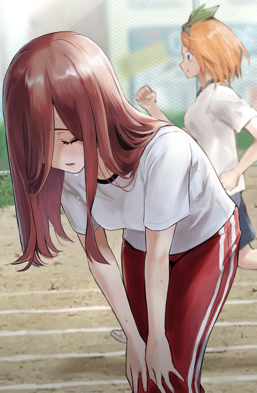 2girls, absurdres, bangs, blue_eyes, blue_shorts, blush, brown_hair, commentary_request