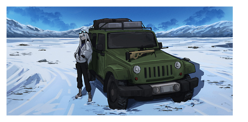 1girl, black_pants, blue_eyes, blue_sky, boots, car, clouds, commentary