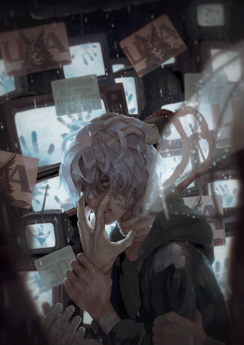 1boy, all_might, bandaged_arm, bandaged_hand, bandages, bangs, black_jacket, blue_hair, blurry, blurry_background, blurry_foreground, boku_no_hero_academia, character_print, covered_mouth, dark, depth_of_field, disembodied_limb, english_text, from_side, gauze, glowing, hair_between_eyes, hand_print, hands_up, highres, holding_limb, hood, hooded_jacket, jacket, light_blue_hair, looking_at_viewer, male_focus, messy_hair, mikkapi, paper, poster_(object), rain, red_eyes, sale, scar, scar_on_face, scar_on_mouth, shigaraki_tomura, short_hair, soft_focus, solo, television, water_drop, wet, wet_clothes, wet_hair
