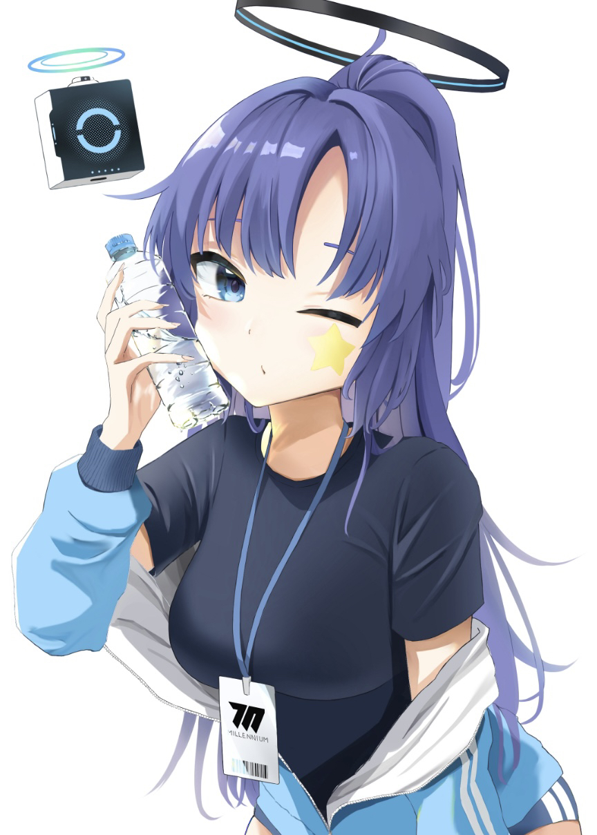 black_shirt, blue_archive, blue_jacket, gym_uniform, highres, id_card, jacket, official_alternate_costume