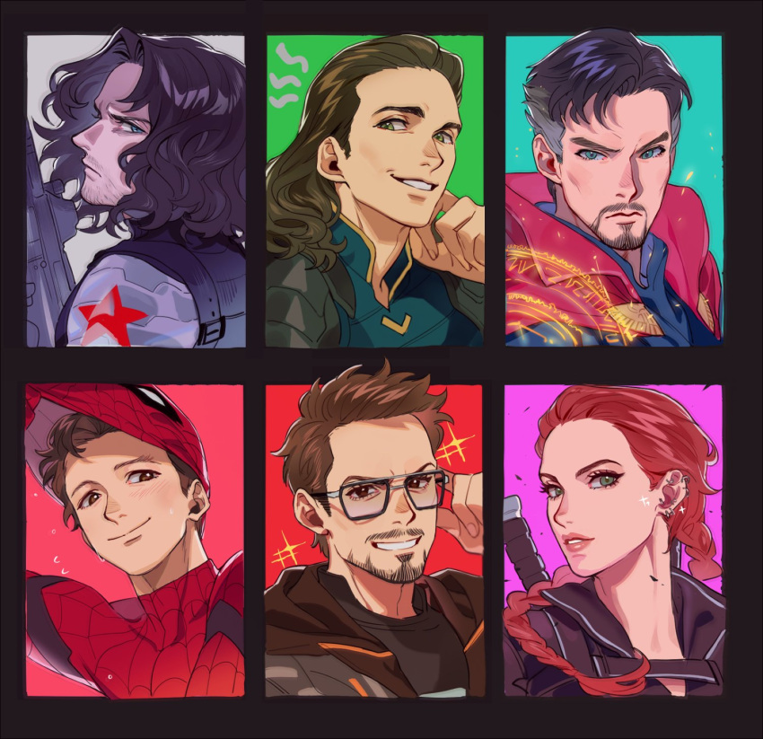 1girl, 5boys, beard, black_hair, black_widow, blue_eyes, braid, brown_eyes
