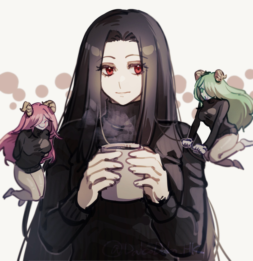 1other, 2girls, absurdres, androgynous, black_hair, black_sweater, blue_hair, coffee