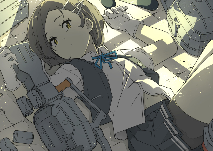 1girl, bike_shorts, black_hair, black_skirt, blue_ribbon, collared_shirt, dress_shirt, gloves
