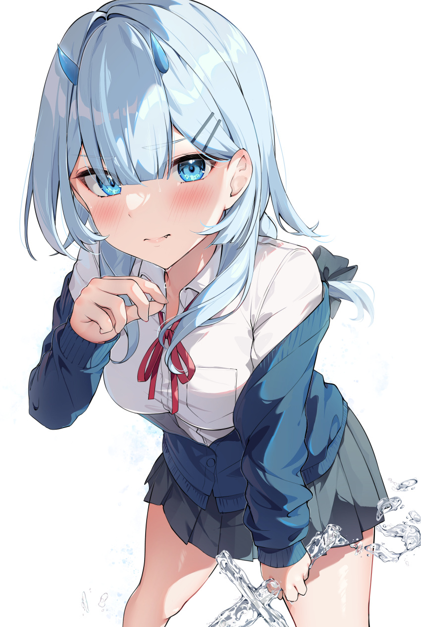 1girl, absurdres, auui, bangs, black_bow, black_skirt, blue_cardigan, blue_eyes, blue_hair, blush, bow, breasts, cardigan, closed_mouth, collared_shirt, commentary, dress_shirt, fang, fang_out, hair_bow, hair_ornament, hairclip, hand_up, highres, holding, holding_sword, holding_weapon, horns, leaning_forward, liquid_weapon, long_hair, long_sleeves, looking_at_viewer, medium_breasts, neck_ribbon, off_shoulder, open_cardigan, open_clothes, original, pleated_skirt, red_ribbon, ribbon, school_uniform, shirt, simple_background, skirt, sleeves_past_wrists, solo, sword, weapon, white_background, white_shirt