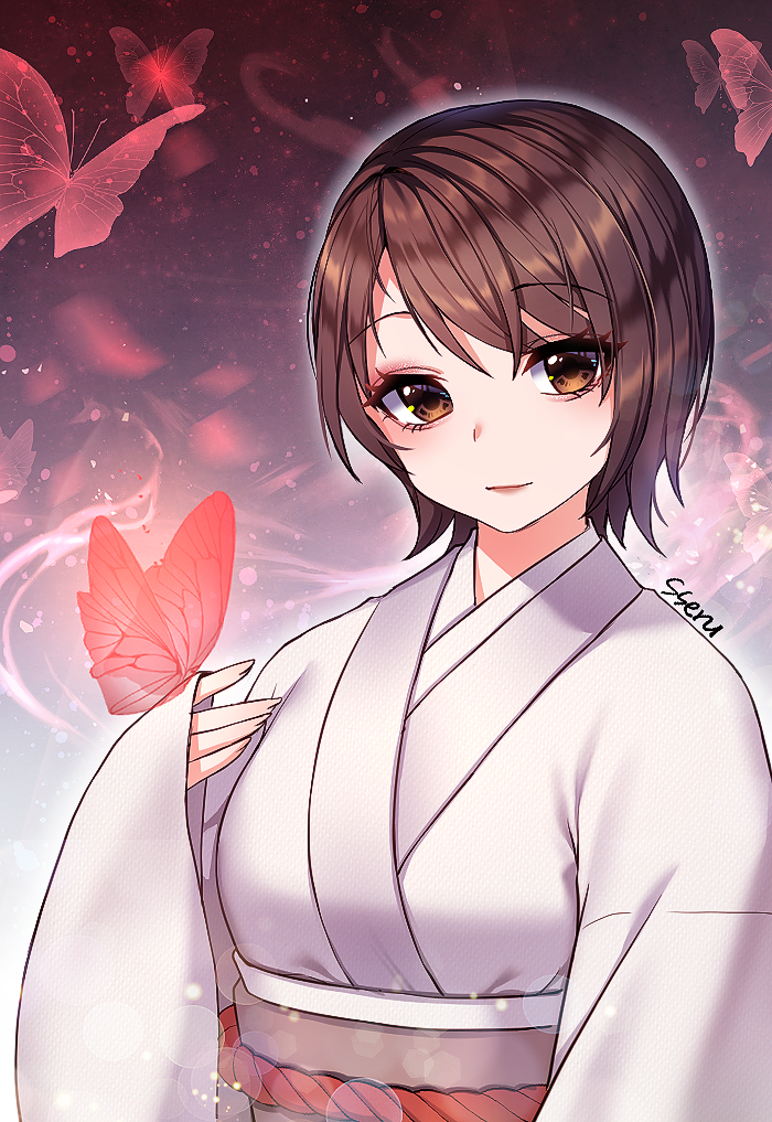 1girl, animal, animal_on_hand, bangs, breasts, brown_eyes, brown_hair, bug