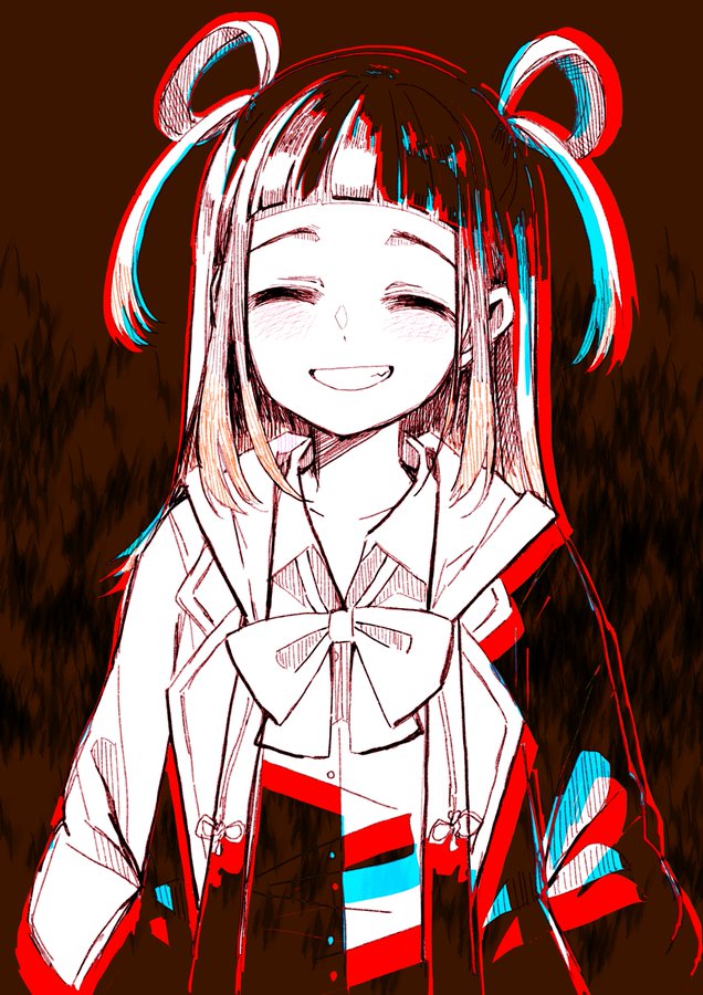 1girl, anaglyph, arm_at_side, bangs, blazer, blunt_bangs, blush, bow