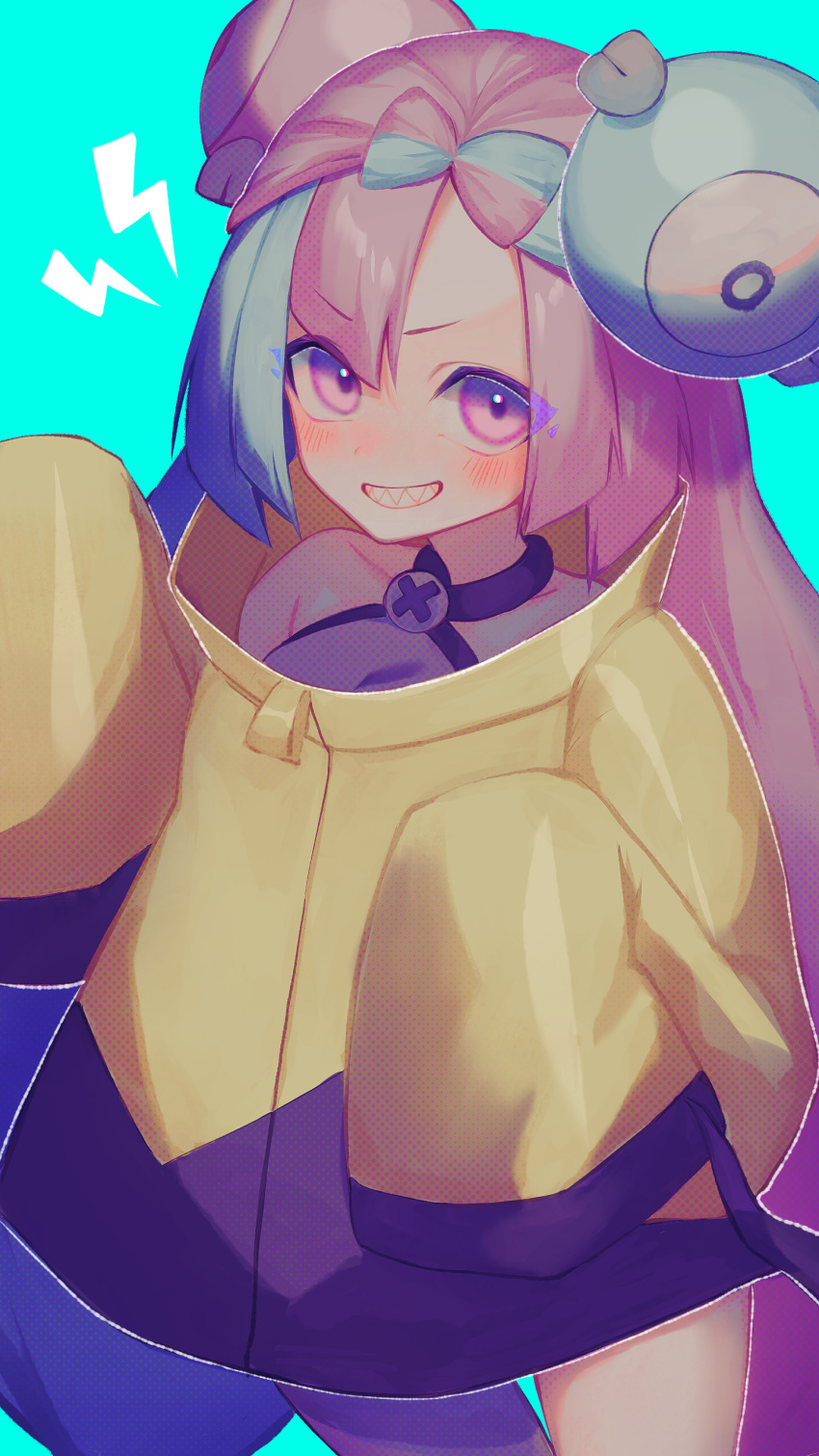 1girl, absurdres, bow-shaped_hair, character_hair_ornament, grey_pantyhose, hair_ornament, hexagon_print, highres, iono_(pokemon), jacket, long_hair, low-tied_long_hair, multicolored_hair, oversized_clothes, pantyhose, pokemon, pokemon_(game), pokemon_sv, sharp_teeth, sleeves_past_fingers, sleeves_past_wrists, solo, split-color_hair, teeth, twintails, very_long_sleeves, violet_(mesy4285), x, yellow_jacket