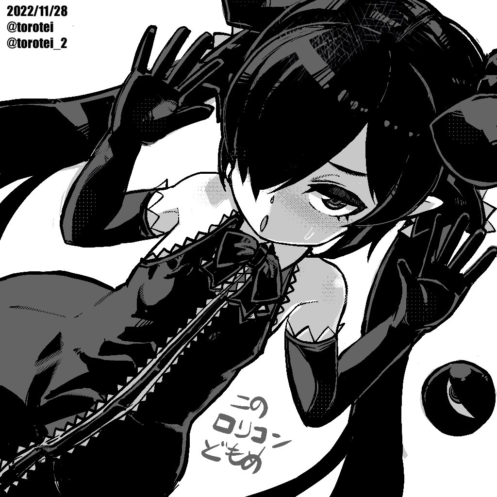 1girl, alternate_costume, artist_name, backbeako, backbeard, commentary_request, dated, dress, dutch_angle, elbow_gloves, gegege_no_kitarou, gloves, gothic_lolita, hair_over_one_eye, hair_ribbon, half-closed_eyes, hands_up, kono_lolicon_domome, lolita_fashion, long_hair, looking_at_viewer, monochrome, neck_ribbon, open_mouth, original, pointy_ears, ribbon, simple_background, sleeveless, sleeveless_dress, solo, sweatdrop, torotei, translated, twintails, twitter_username, white_background