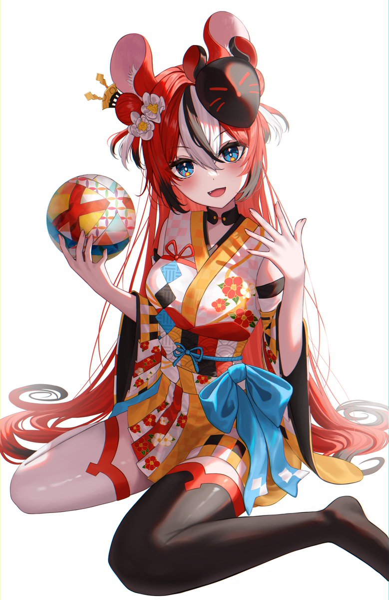 1girl, animal_ears, asymmetrical_legwear, ball, blue_eyes, bow, detached_sleeves, double_bun