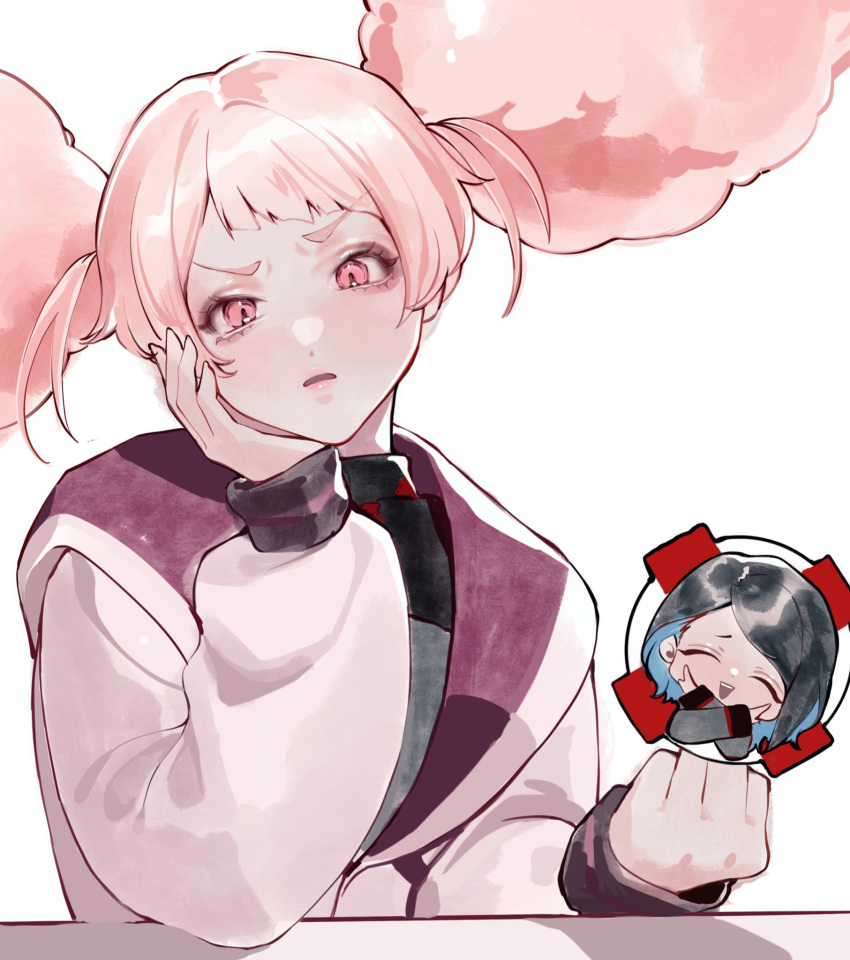 1girl, afro_puffs, annoyed, asticassia_school_uniform, black_eyeshadow, blush, censored, censored_gesture