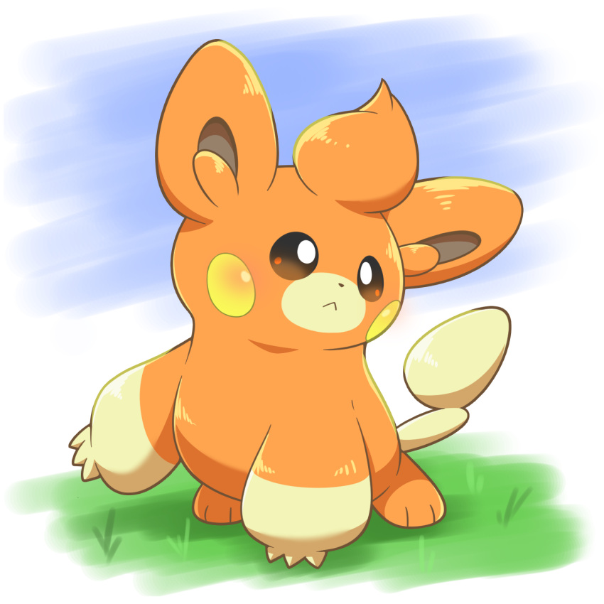 :<, brown_eyes, closed_mouth, commentary_request, day, frown, full_body, grass