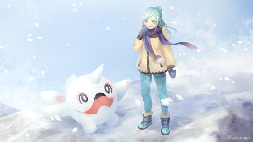 1boy, absurdres, blue_footwear, boots, cetoddle, commentary, floating_scarf, full_body