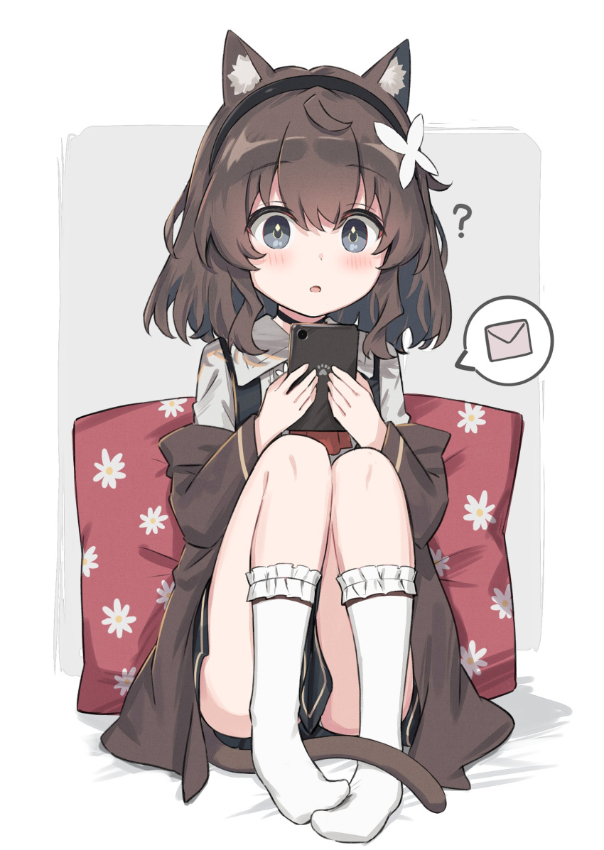 1girl, ?, absurdres, animal_ears, between_legs, black_dress, brown_coat, brown_hair