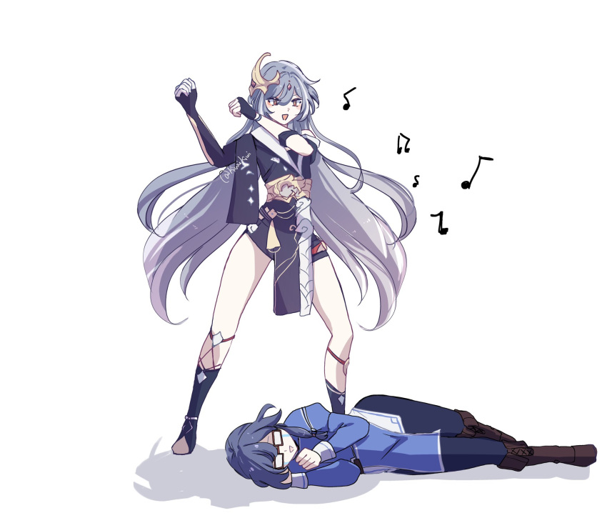 2girls, asymmetrical_clothes, chads_dancing_to_california_gurls_(meme), commentary, crying, dancing, dual_persona, fingerless_gloves