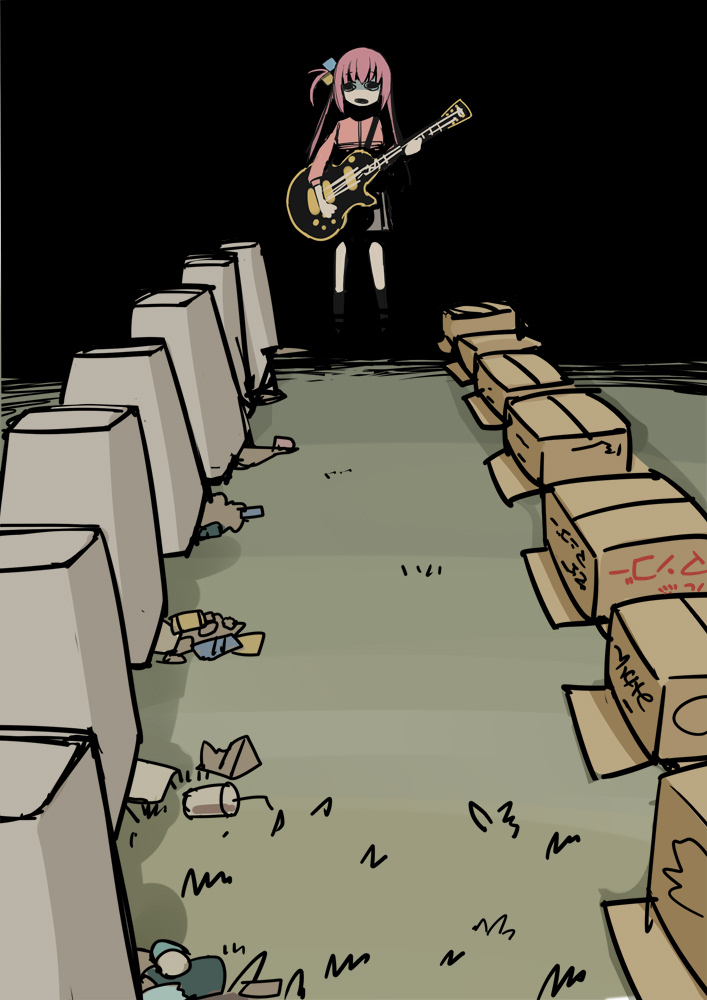 1girl, bangs, bocchi_the_rock!, box, cardboard_box, chainsaw_man, commentary_request, cube_hair_ornament