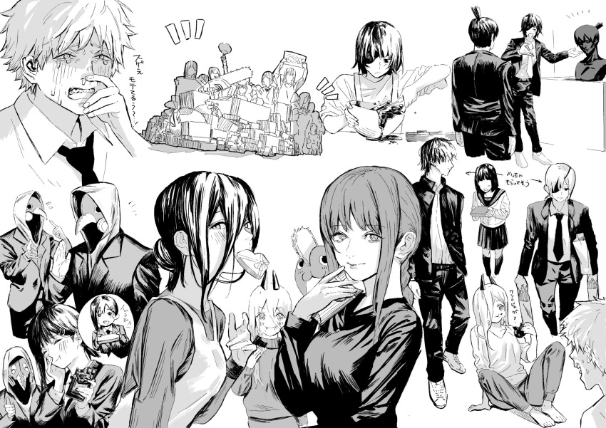 apron, bangs, black_dress, black_hair, black_jacket, black_necktie, black_pants, bowl