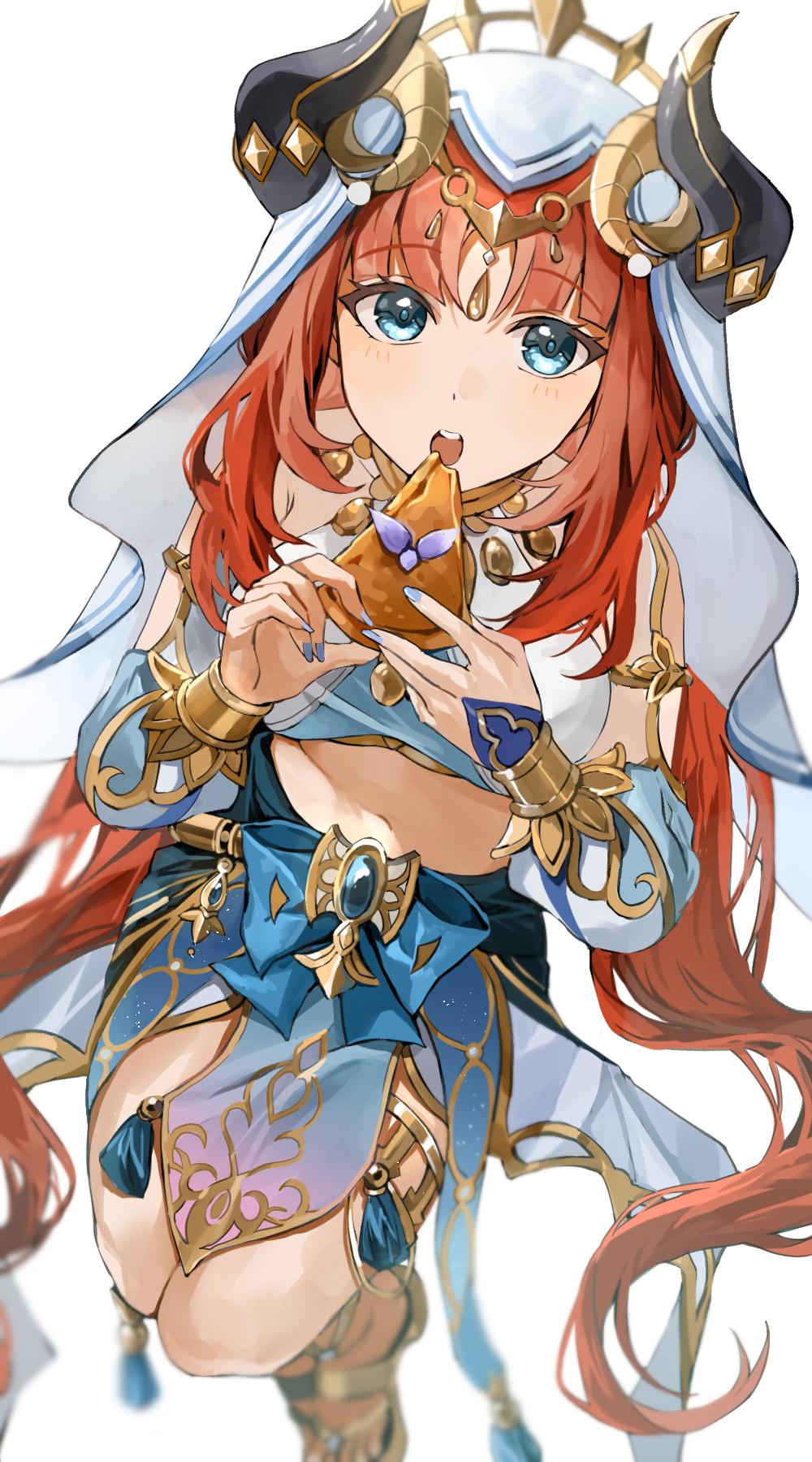 1girl, bangs, blue_eyes, blue_nails, blue_skirt, blurry, blush, bracer, cake, cake_slice, crop_top, depth_of_field, fake_horns, food, from_above, genshin_impact, gladiator_sandals, gold_trim, gyoju_(only_arme_nim), harem_outfit, highres, holding, holding_food, horns, jewelry, long_hair, long_sleeves, looking_at_viewer, looking_up, low_twintails, nail_polish, navel, neck_ring, nilou_(genshin_impact), open_mouth, parted_bangs, puffy_long_sleeves, puffy_sleeves, redhead, sandals, sidelocks, simple_background, skirt, solo, stomach, tassel, teeth, thighlet, thighs, twintails, upper_teeth, veil, very_long_hair, white_background, white_headwear