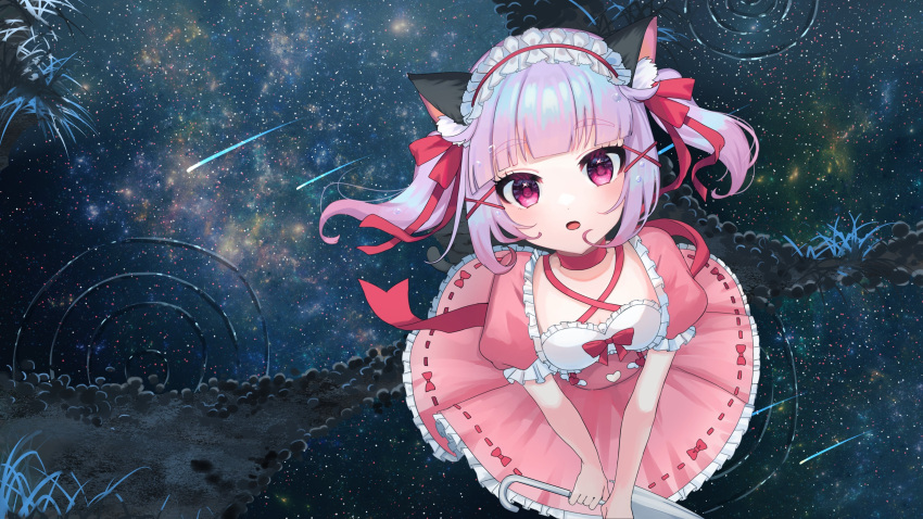 1girl, absurdres, animal_ear_fluff, animal_ears, auroralivevr, bangs, blunt_bangs, blush, cat_ears, cat_girl, choker, commission, dress, frilled_dress, frilled_sleeves, frills, from_above, grass, hair_ornament, hair_ribbon, hairband, hanekawa_rune, helvetica_r, highres, holding, holding_umbrella, lolita_hairband, looking_up, night, night_sky, open_mouth, pink_eyes, purple_hair, reflection, reflective_water, ribbon, ribbon-trimmed_dress, ripples, second-party_source, shooting_star, short_sleeves, skeb_commission, sky, solo, star_(sky), starry_sky, twintails, umbrella, virtual_youtuber, water, x_hair_ornament