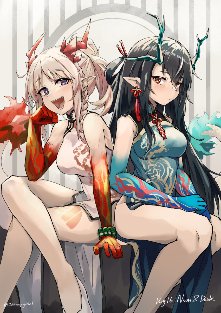 2girls, arknights, bead_bracelet, beads, black_hair, bracelet, braid, breasts
