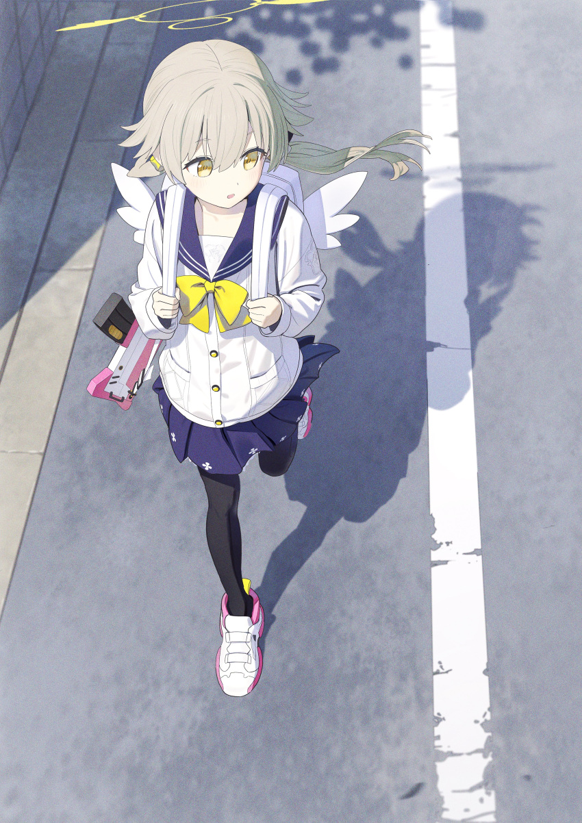 1girl, absurdres, assault_rifle, backpack, bag, black_pantyhose, blue_archive, blue_sailor_collar