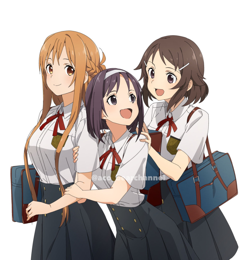 3girls, :d, aco_(bearchannel), arm_grab, asuna_(sao), bag, black_eyes, black_skirt, breast_pocket, brown_eyes, brown_hair, character_request, closed_mouth, collared_shirt, dress_shirt, eye_contact, freckles, hand_on_another's_shoulder, high-waist_skirt, highres, konno_yuuki_(sao), lisbeth_(sao), long_hair, looking_at_another, medium_hair, multiple_girls, neck_ribbon, open_mouth, pleated_skirt, pocket, red_ribbon, ribbon, school_bag, school_uniform, shiny, shiny_hair, shirt, short_sleeves, simple_background, skirt, smile, standing, sword_art_online, twitter_username, very_long_hair, watermark, white_background, white_shirt, wing_collar