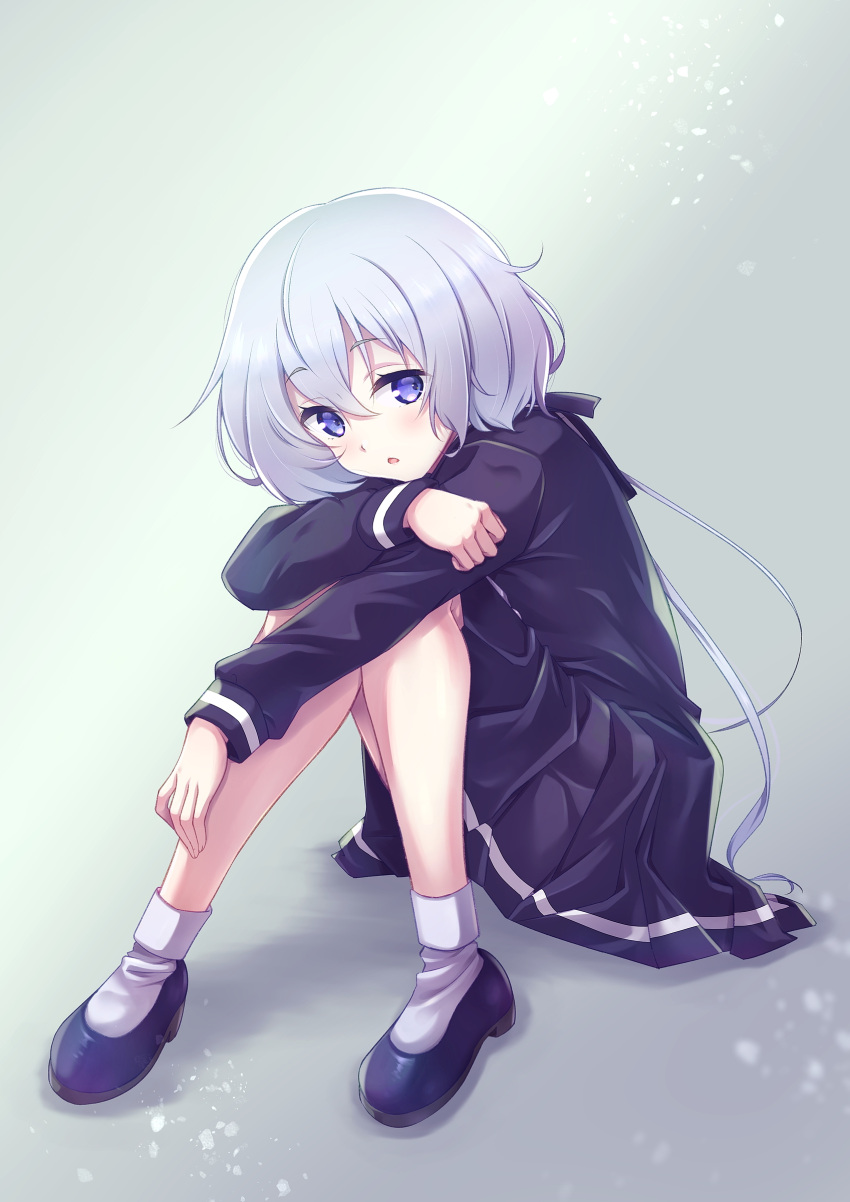 1girl, absurdres, bangs, black_dress, black_footwear, black_ribbon, black_serafuku, blue_eyes