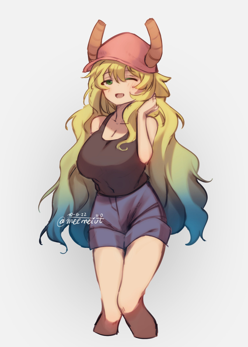 1girl, absurdres, artist_name, bare_arms, bare_shoulders, baseball_cap, black_tank_top, blonde_hair
