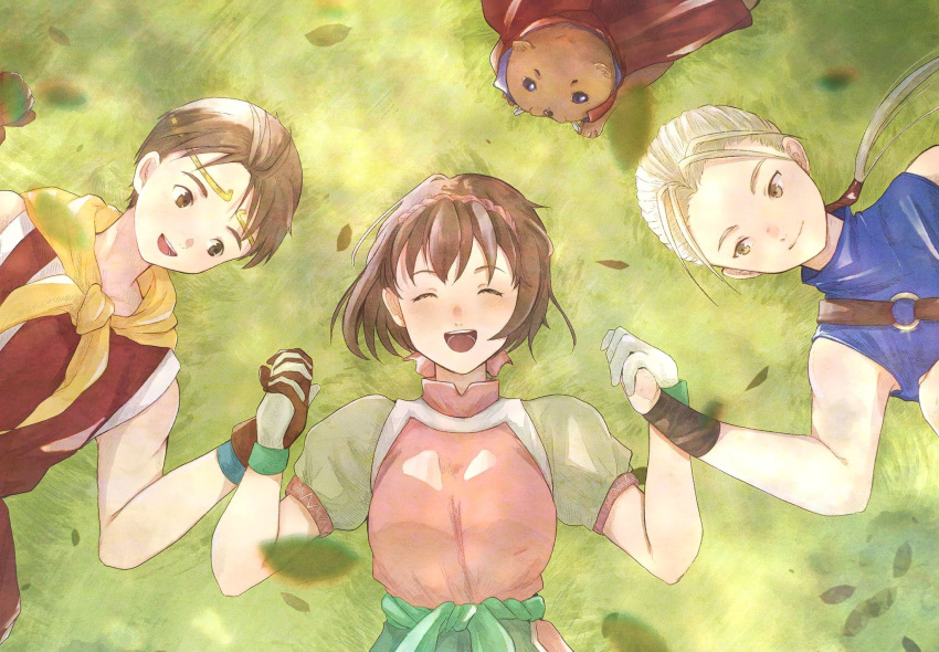 1girl, 3boys, breasts, brown_eyes, brown_hair, cape, circlet, closed_eyes