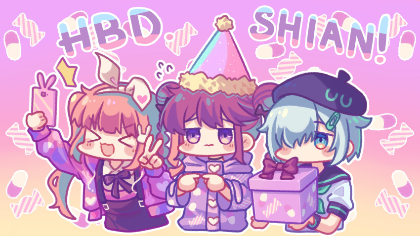 3girls, absurdres, animal_ears, beret, blue_eyes, bow, braid, buttons, cellphone, chibi, choker, closed_eyes, denonbu, double_bun, english_text, grey_hair, hair_bow, hair_bun, hair_ornament, hairclip, hairpin, happy_birthday, hat, highres, hood, hoodie, inubousaki_shian, kabotd, long_hair, long_sleeves, minakami_hina, multiple_girls, open_mouth, orange_hair, phone, pill, pink_hoodie, purple_hair, purple_hoodie, rabbit_ears, sakurano_mimito, school_uniform, selfie, serafuku, short_hair, smartphone, smile, twin_braids, twintails, v, violet_eyes, white_hair