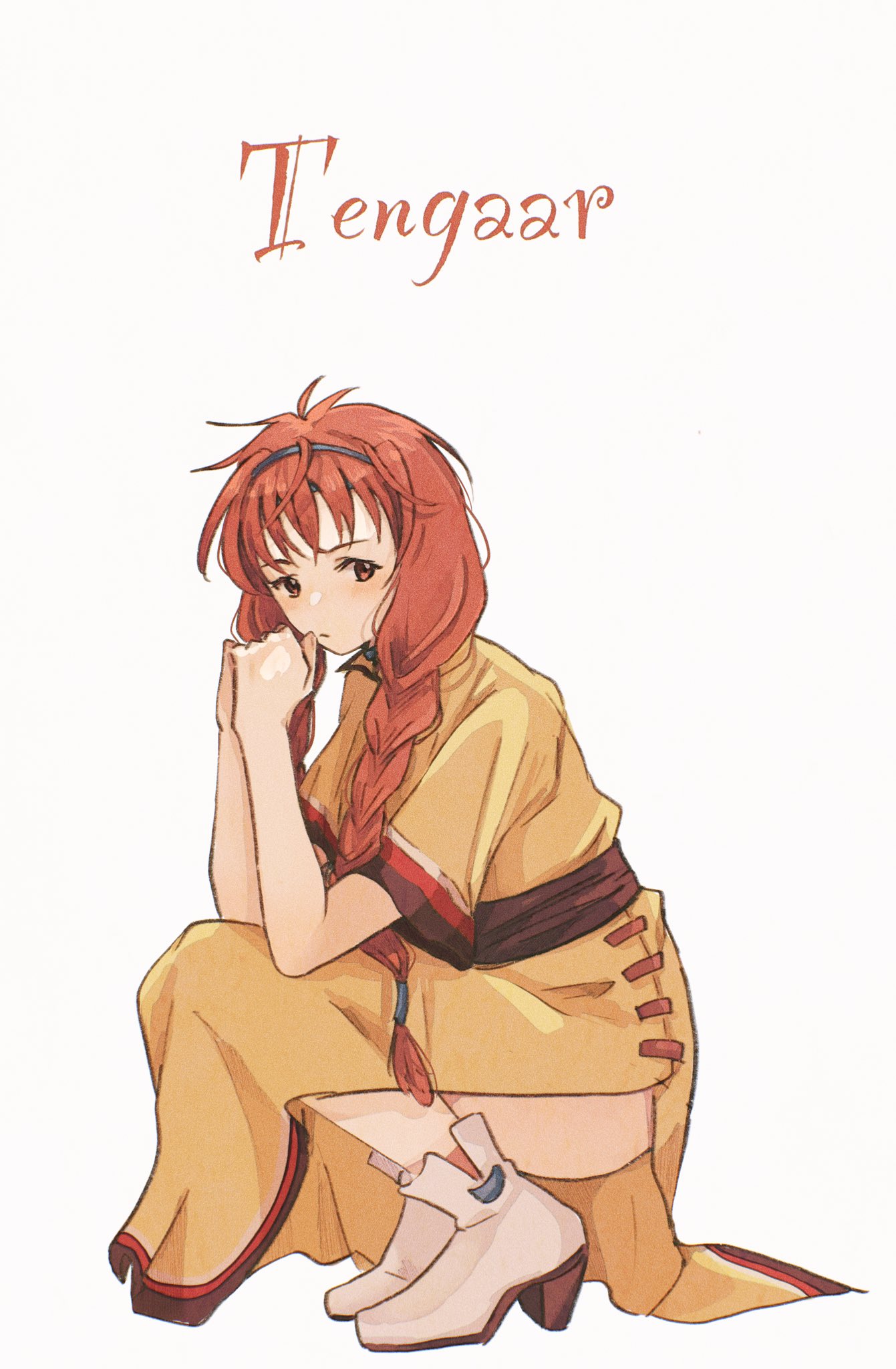 1girl, braid, brown_eyes, closed_mouth, dress, full_body, gensou_suikoden, gensou_suikoden_ii, hairband, highres, korunosabu, long_hair, looking_at_viewer, redhead, side_slit, simple_background, solo, tengaar, tengaar_(suikoden), twin_braids, white_background