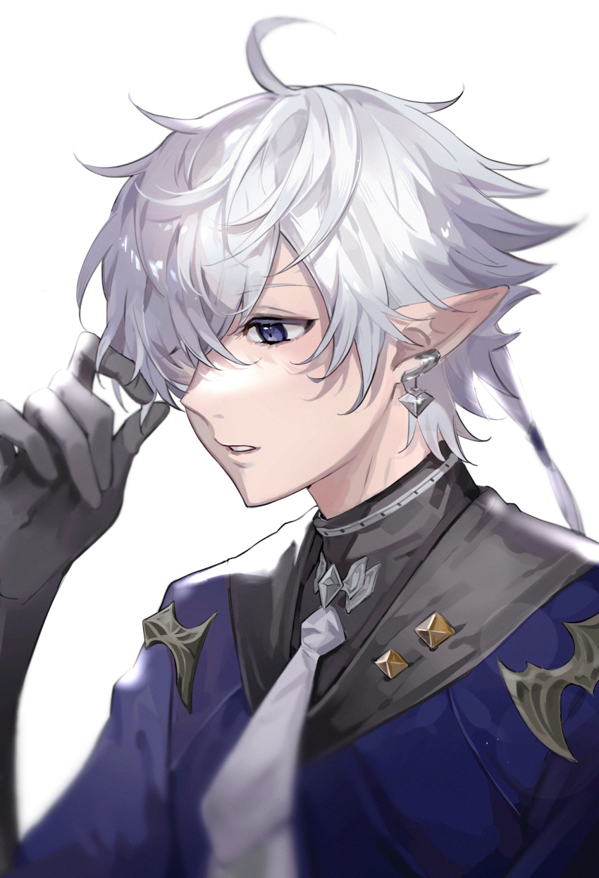 1boy, absurdres, ahoge, alphinaud_leveilleur, bangs, black_gloves, blue_coat, blue_eyes, coat, dongju_azuma, earclip, earrings, elezen, elf, film_grain, final_fantasy, final_fantasy_xiv, from_side, gloves, hair_over_one_eye, hair_ribbon, hand_in_own_hair, hand_up, highres, jewelry, looking_ahead, low_ponytail, male_focus, medium_hair, necktie, parted_lips, pointy_ears, portrait, ribbon, simple_background, solo, swept_bangs, turtleneck, white_background, white_hair, white_necktie