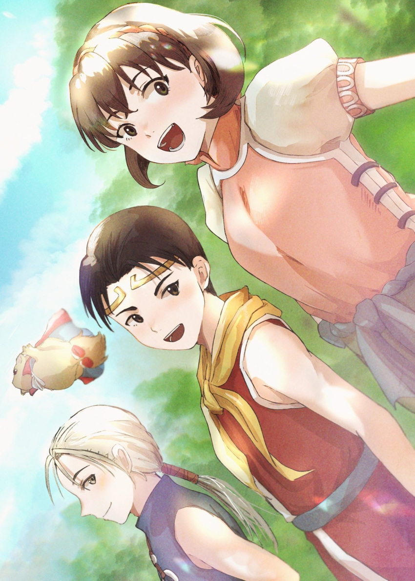 1girl, 3boys, breasts, brown_eyes, brown_hair, cape, circlet, closed_mouth