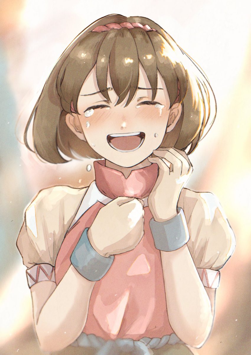1girl, breasts, brown_hair, closed_eyes, crying, gensou_suikoden, gensou_suikoden_ii, gloves, hairband, highres, korunosabu, nanami_(suikoden), open_mouth, shirt, short_hair, smile, solo