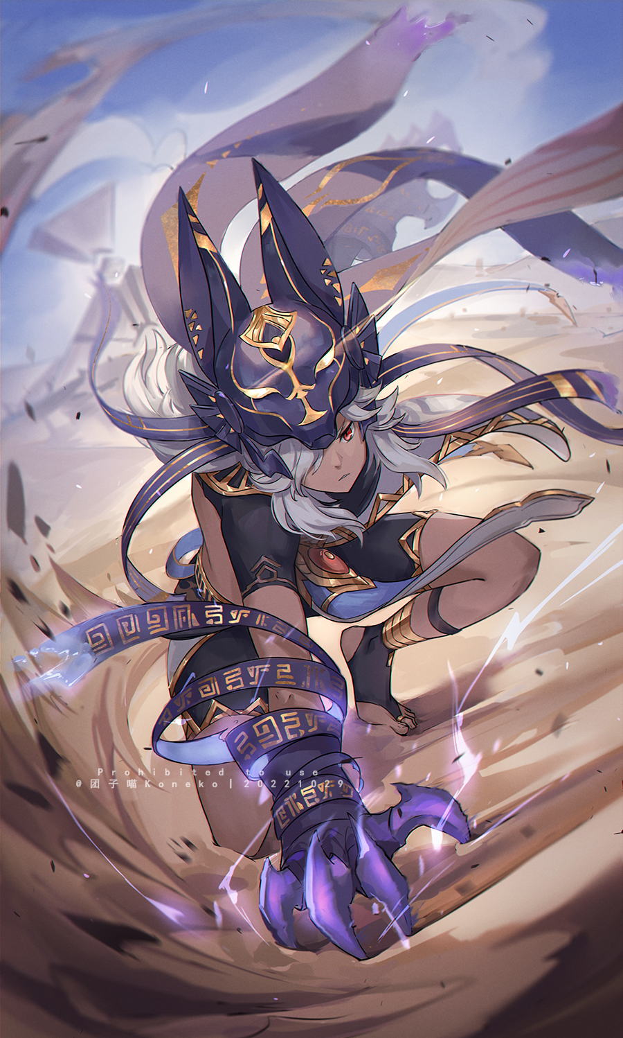 1boy, animal_hat, black_headwear, claws, closed_mouth, cyno_(genshin_impact), dark-skinned_male, dark_skin, day, egyptian_clothes, electricity, full_body, genshin_impact, gold, grey_hair, hair_over_one_eye, hat, highres, long_hair, male_focus, one_knee, outdoors, red_eyes, sand, short_sleeves, solo, tuanzimiao1, watermark