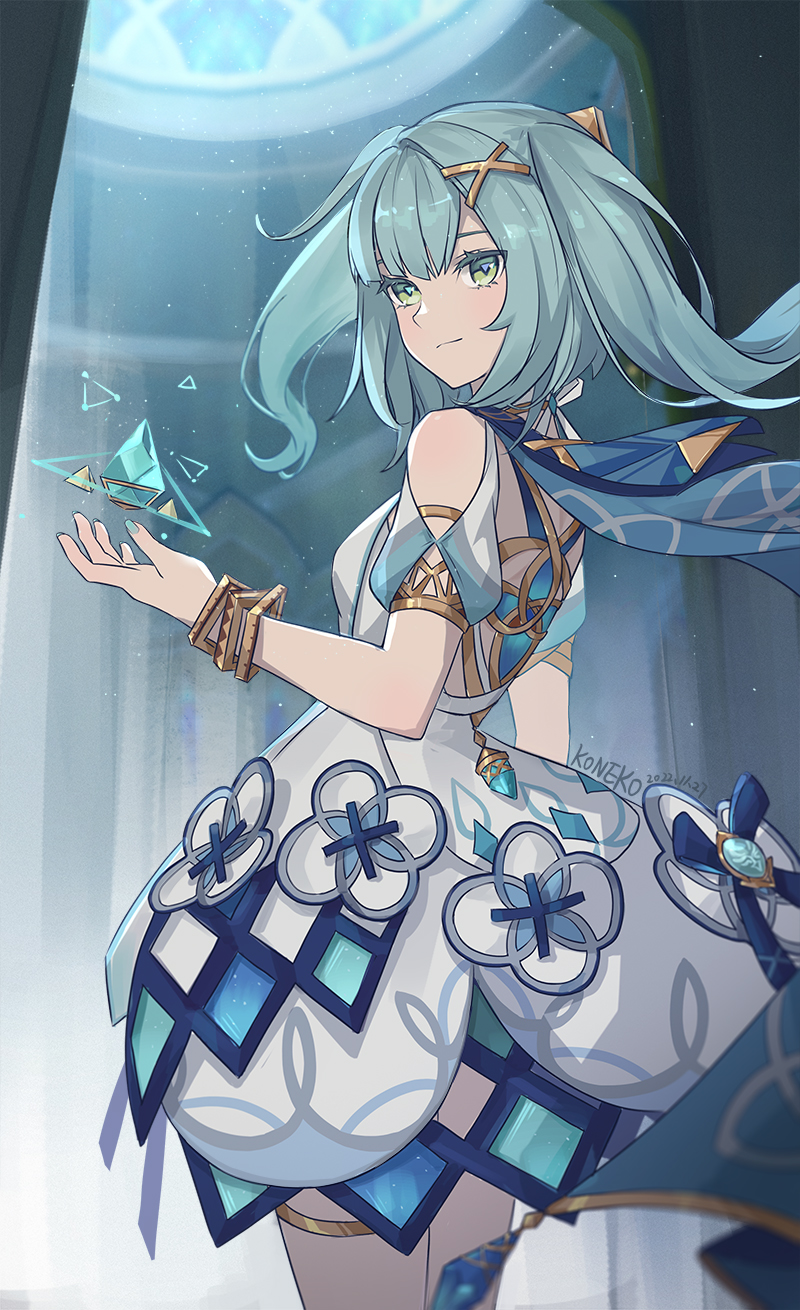 1girl, aqua_hair, aqua_nails, bangle, bangs, bare_shoulders, blush, bracelet