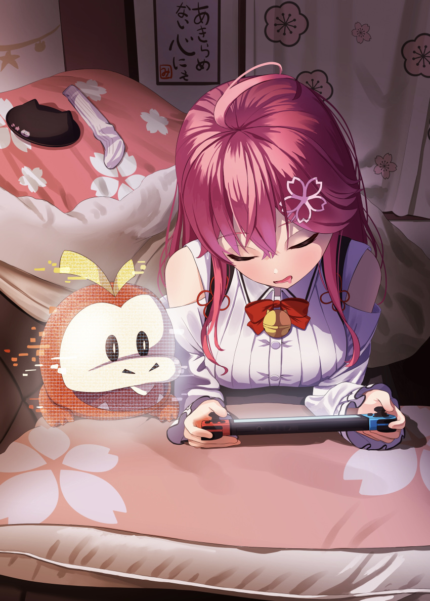 absurdres, ahoge, asakura_(asa_t77), bare_shoulders, bedroom, bell, breasts, closed_eyes