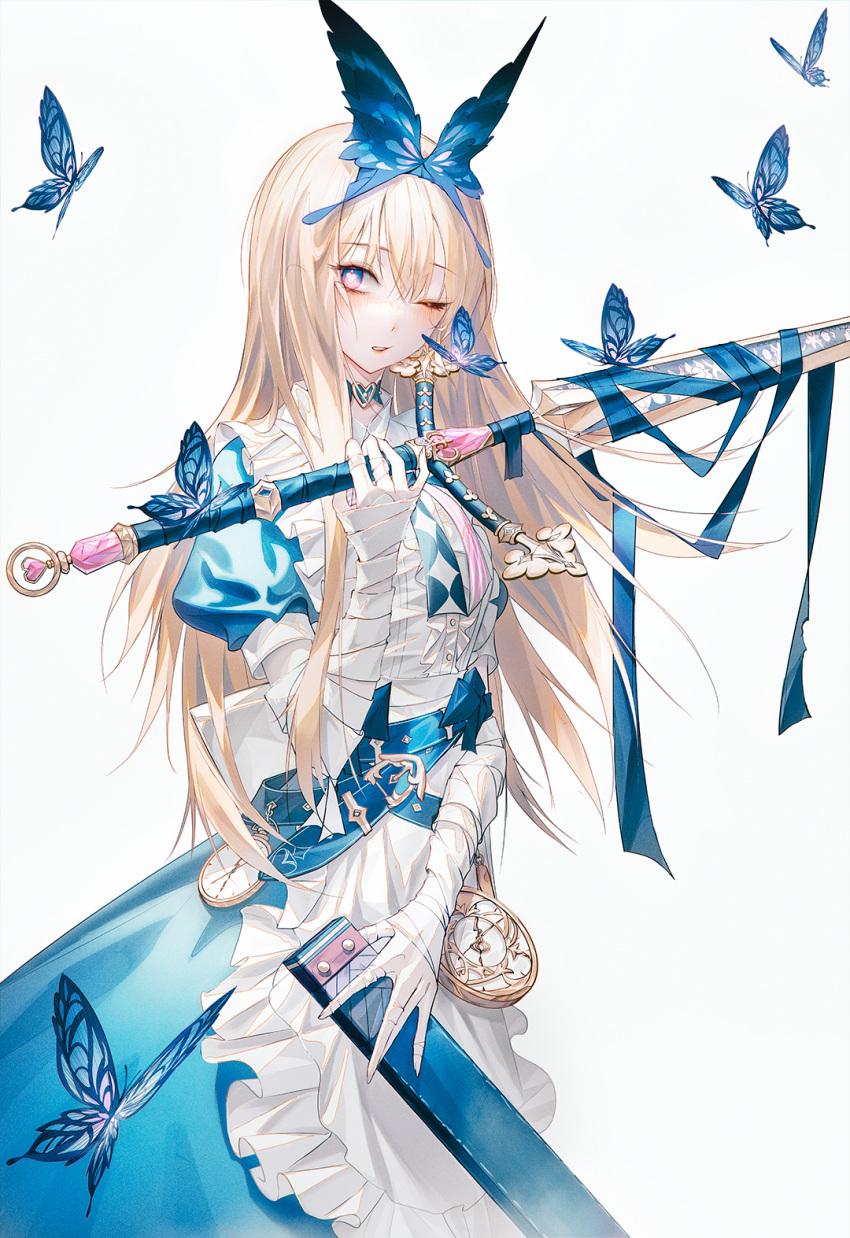 1girl, alice_(grimlight), apron, bangs, belt, blonde_hair, blue_belt, blue_bow
