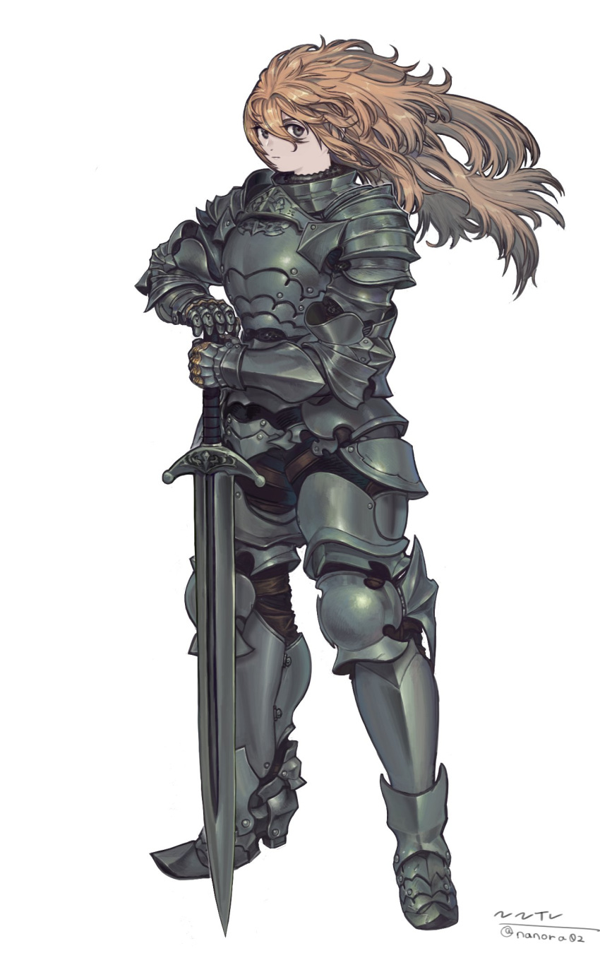 1girl, armor, armored_boots, boots, breastplate, brown_eyes, brown_hair, faulds