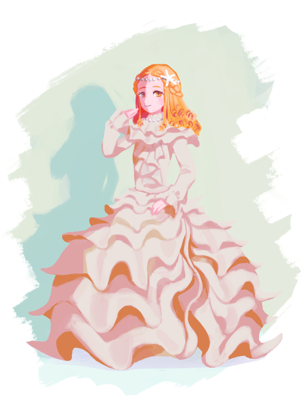 1girl, blush, border, closed_mouth, commentary_request, dress, english_commentary, flat_chest, forehead, frilled_dress, frilled_sleeves, frills, full_body, hand_to_own_mouth, hand_up, happy, jewelry, light_blush, long_hair, long_sleeves, looking_at_viewer, mixed-language_commentary, necklace, orange_eyes, orange_hair, original, partial_commentary, pearl_hair_ornament, pearl_necklace, ringlets, sidelocks, smile, solo, standing, starfish_hair_ornament, uroko_(rwde4544), white_border, white_dress
