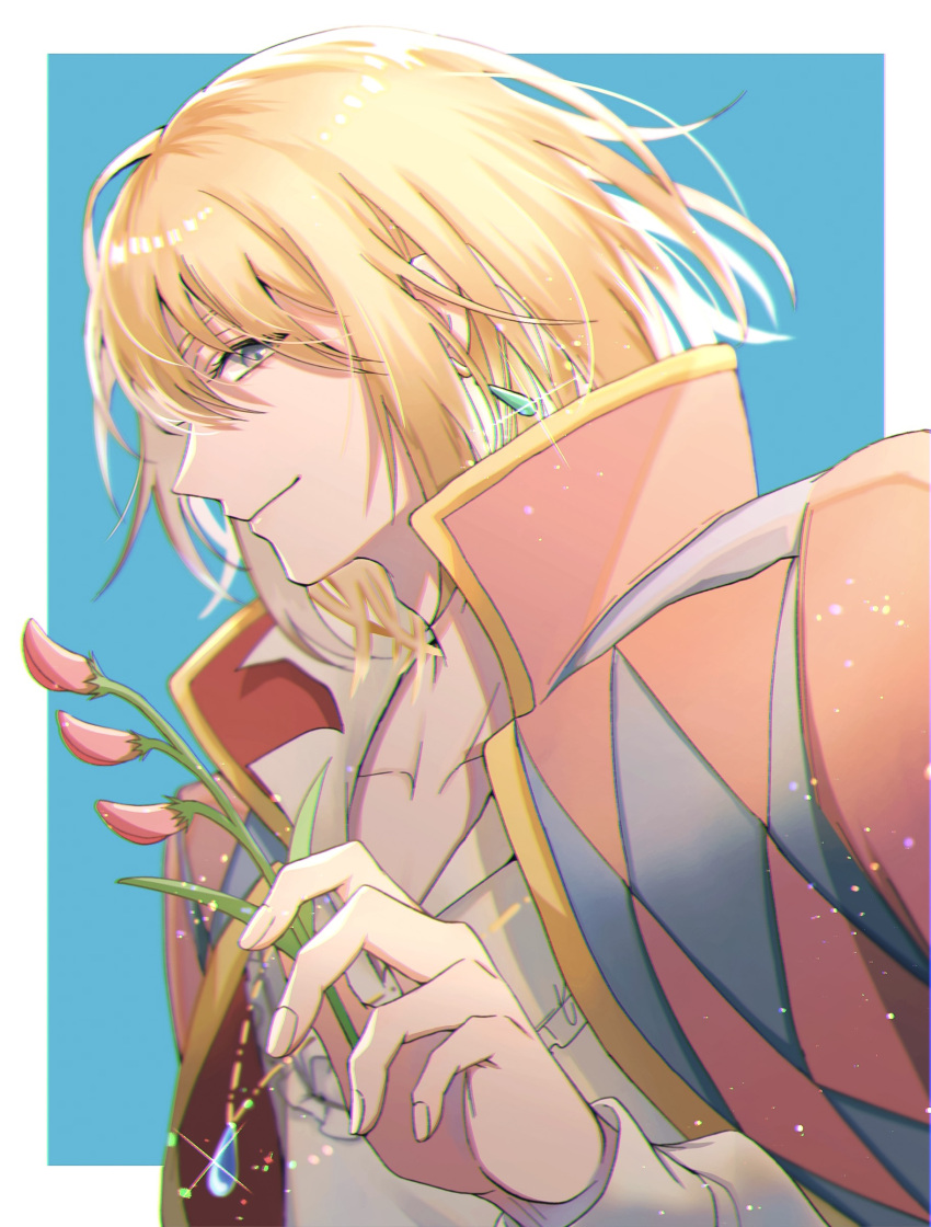 1boy, absurdres, bangs, blonde_hair, blue_background, blue_eyes, blurry, border, checkered_clothes, checkered_jacket, closed_mouth, collarbone, collared_shirt, commentary, depth_of_field, earrings, flower, from_side, glint, high_collar, highres, howl_(howl_no_ugoku_shiro), howl_no_ugoku_shiro, jacket, jewelry, looking_at_viewer, male_focus, medium_hair, necklace, open_clothes, open_jacket, outside_border, pendant, pink_flower, pink_jacket, profile, shiny, shiny_hair, shirt, smile, solo, upper_body, white_border, white_shirt, yohane_(yohane007)