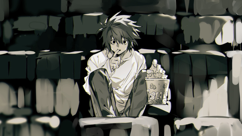 1boy, black_hair, death_note, finger_in_own_mouth, food, greyscale, hair_between_eyes, highres