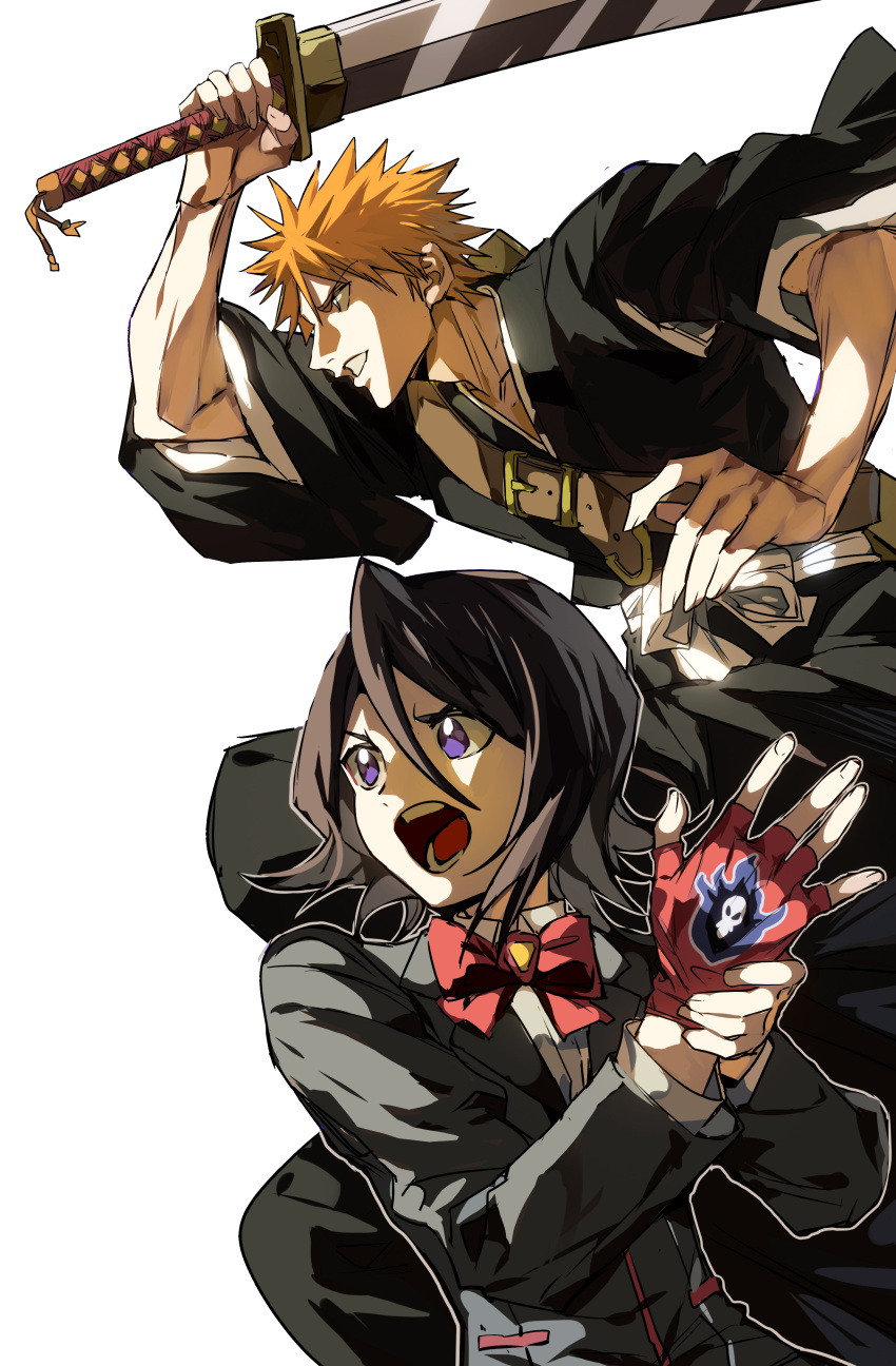 1boy, 1girl, absurdres, adjusting_clothes, adjusting_gloves, black_hair, black_jacket, black_kimono