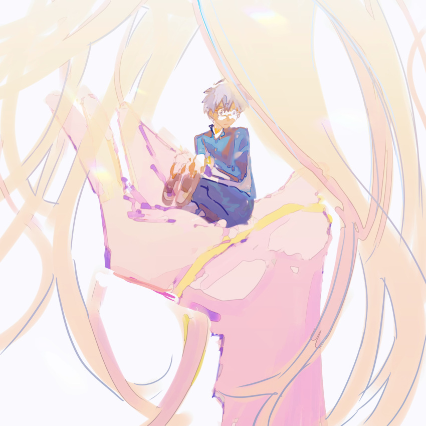 1boy, 1girl, absurdres, archetype_earth, arcueid_brunestud, bangs, barefoot, black_hair, blonde_hair, brown_footwear, giant, giantess, glasses, highres, holding, holding_shoes, long_hair, long_sleeves, numuhe, open_hand, school_uniform, shoes, shoes_removed, short_hair, simple_background, sleeves_past_wrists, squatting, tohno_shiki, tsukihime, tsukihime_(remake), uniform, white_background