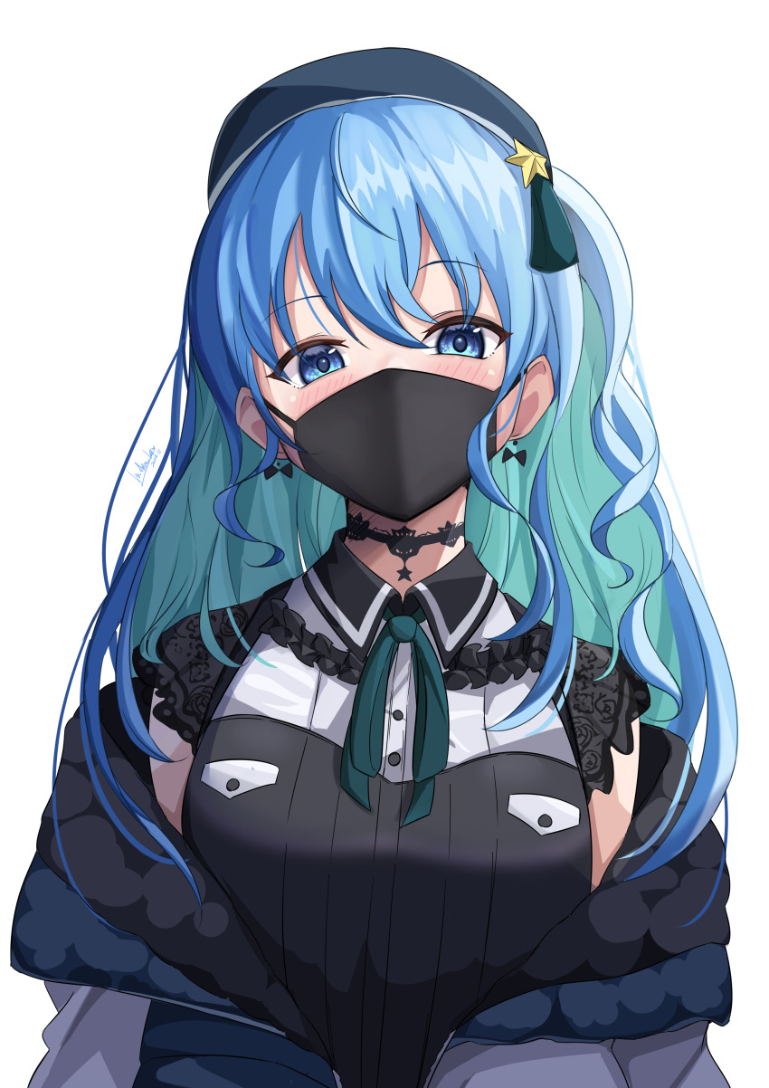 1girl, absurdres, aqua_hair, bangs, beret, black_choker, black_collar, black_mask