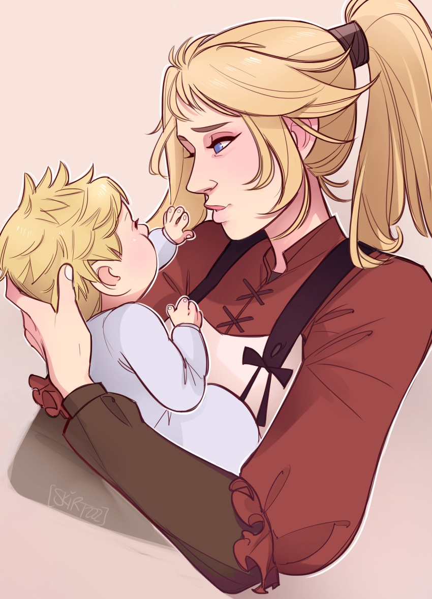 1boy, 1girl, absurdres, apron, bangs, black_shirt, blonde_hair, blue_eyes