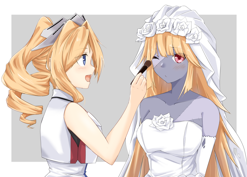 2girls, blonde_hair, blue_eyes, blush, border, brooklyn_(kancolle), colored_skin, dress