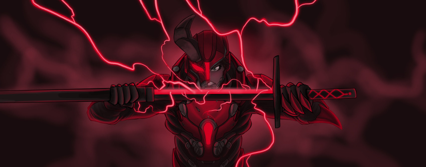 1girl, absurdres, angry, armor, battle, black_horns, bodysuit, broken_helmet, clenched_teeth, corruption, dark-skinned_female, dark_skin, day_of_wrath_(infinitypilot), demon, demon_girl, demon_horns, doom_(2016), doom_(series), elite_guard_(doom), facing_viewer, fanfic, fantasy, full_armor, glowing, glowing_armor, glowing_eye, glowing_eyes, glowing_sword, glowing_weapon, green_eyes, hazel_eyes, hell, helmet, heterochromia, highres, holding, holding_sword, holding_weapon, horns, lightning, looking_at_viewer, mebi96862134, monster_girl, mutation, red_armor, red_eyes, ruby_taylor_(day_of_wrath), science_fiction, soldier, solo, sword, teeth, vorpal_sword_(day_of_wrath), warrior, weapon